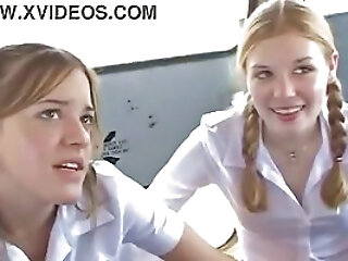 Two Schoolgirl Teens On The Bus Sharing Cock And Getting
